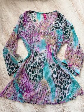 🧚✨ Vintage Swim Sheer Sequin Tunic Cover-Up Dress Y2K Boho Resort Glam Fairy ☀️